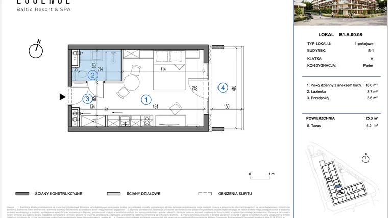 Rzut - Mieszkanie na sprzedaż 1 pokój o powierzchni 25,3 m² - numer B1.A.00.08 w ESSENSE Baltic Resort&SPA 2 - apartamenty inwestycyjne