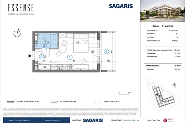 Rzut - Mieszkanie na sprzedaż 1 pokój o powierzchni 25,3 m² - numer B1.A.02.30 w ESSENSE Baltic Resort&SPA 2 - apartamenty inwestycyjne