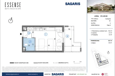 Rzut - Mieszkanie na sprzedaż 1 pokój o powierzchni 26,7 m² - numer B1.A.03.45 w ESSENSE Baltic Resort&SPA 2 - apartamenty inwestycyjne