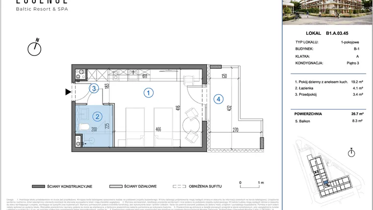 Rzut - Mieszkanie na sprzedaż 1 pokój o powierzchni 26,7 m² - numer B1.A.03.45 w ESSENSE Baltic Resort&SPA 2 - apartamenty inwestycyjne