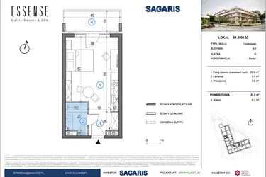Rzut - Mieszkanie na sprzedaż 1 pokój o powierzchni 27,9 m² - numer B1.B.00.02 w ESSENSE Baltic Resort&SPA 2 - apartamenty inwestycyjne
