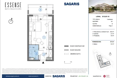 Rzut - Mieszkanie na sprzedaż 1 pokój o powierzchni 27,9 m² - numer B1.B.01.15 w ESSENSE Baltic Resort&SPA 2 - apartamenty inwestycyjne