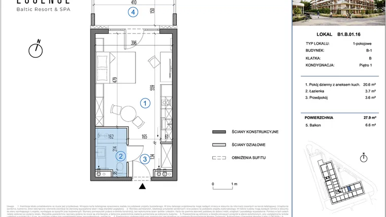 Rzut - Mieszkanie na sprzedaż 1 pokój o powierzchni 27,9 m² - numer B1.B.01.16 w ESSENSE Baltic Resort&SPA 2 - apartamenty inwestycyjne