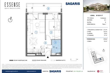 Rzut - Mieszkanie na sprzedaż 2 pokoje o powierzchni 41,9 m² - numer B1.B.01.17 w ESSENSE Baltic Resort&SPA 2 - apartamenty inwestycyjne
