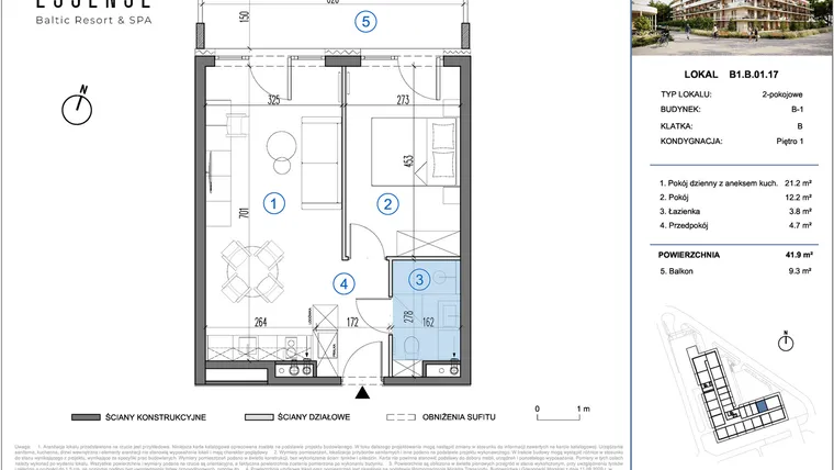 Rzut - Mieszkanie na sprzedaż 2 pokoje o powierzchni 41,9 m² - numer B1.B.01.17 w ESSENSE Baltic Resort&SPA 2 - apartamenty inwestycyjne