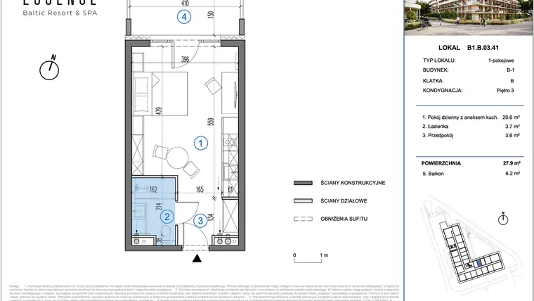Rzut - Mieszkanie na sprzedaż 1 pokój o powierzchni 27,9 m² - numer B1.B.03.41 w ESSENSE Baltic Resort&SPA 2 - apartamenty inwestycyjne