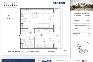 Rzut - Mieszkanie na sprzedaż 2 pokoje o powierzchni 51,3 m² - numer B1.A.00.04M w ESSENSE Baltic Resort&SPA 2