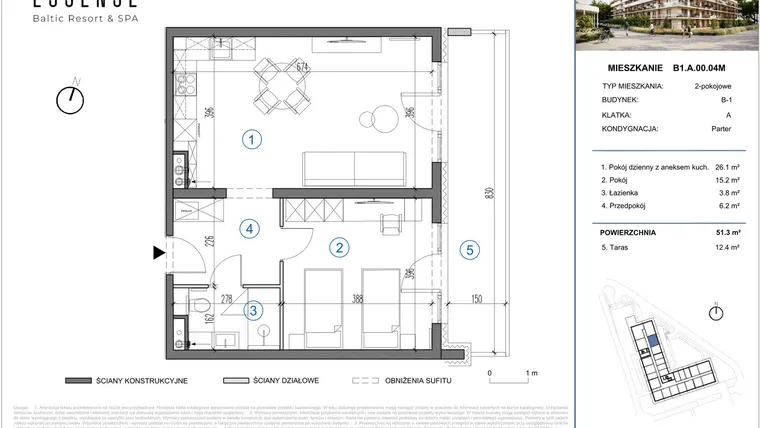 Rzut - Mieszkanie na sprzedaż 2 pokoje o powierzchni 51,3 m² - numer B1.A.00.04M w ESSENSE Baltic Resort&SPA 2