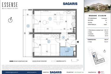 Rzut - Mieszkanie na sprzedaż 2 pokoje o powierzchni 56,5 m² - numer B1.A.00.01M w ESSENSE Baltic Resort&SPA 2
