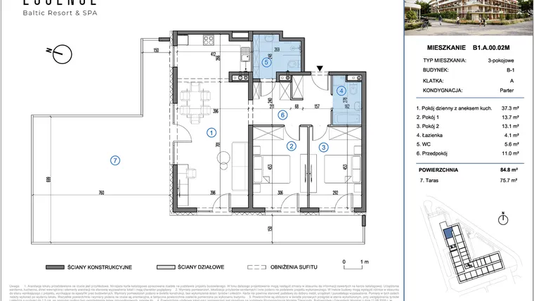 Rzut - Mieszkanie na sprzedaż 3 pokoje o powierzchni 84,8 m² - numer B1.A.00.02M w ESSENSE Baltic Resort&SPA 2