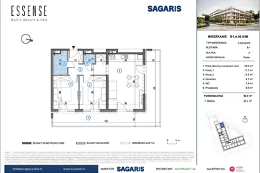 Rzut - Mieszkanie na sprzedaż 3 pokoje o powierzchni 62,9 m² - numer B1.A.00.03M w ESSENSE Baltic Resort&SPA 2