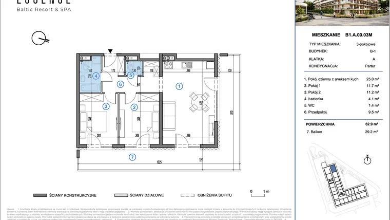 Rzut - Mieszkanie na sprzedaż 3 pokoje o powierzchni 62,9 m² - numer B1.A.00.03M w ESSENSE Baltic Resort&SPA 2