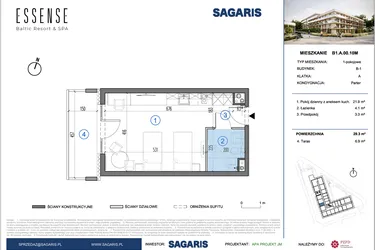 Rzut - Mieszkanie na sprzedaż 1 pokój o powierzchni 29,3 m² - numer B1.A.00.10M w ESSENSE Baltic Resort&SPA 2
