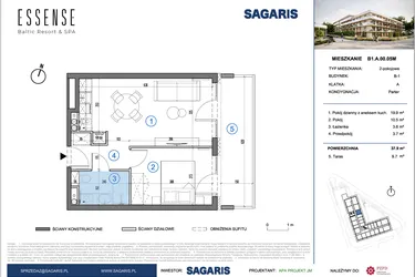 Rzut - Mieszkanie na sprzedaż 2 pokoje o powierzchni 37,9 m² - numer B1.A.00.05M w ESSENSE Baltic Resort&SPA 2