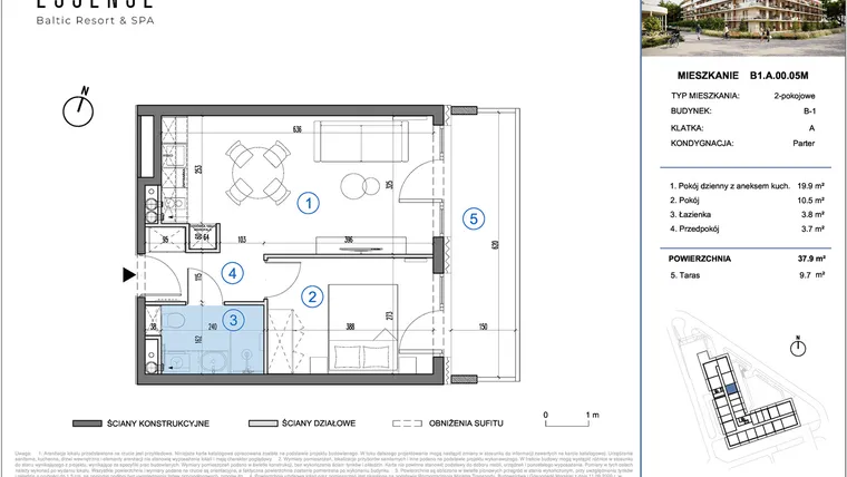 Rzut - Mieszkanie na sprzedaż 2 pokoje o powierzchni 37,9 m² - numer B1.A.00.05M w ESSENSE Baltic Resort&SPA 2