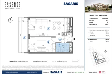 Rzut - Mieszkanie na sprzedaż 2 pokoje o powierzchni 41,7 m² - numer B1.A.00.11M w ESSENSE Baltic Resort&SPA 2