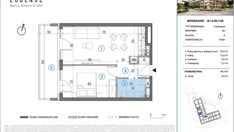 Rzut - Mieszkanie na sprzedaż 2 pokoje o powierzchni 41,7 m² - numer B1.A.00.11M w ESSENSE Baltic Resort&SPA 2
