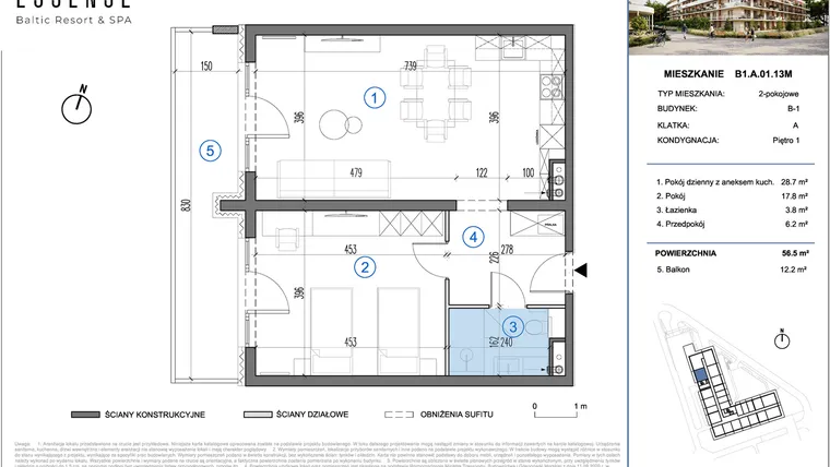 Rzut - Mieszkanie na sprzedaż 2 pokoje o powierzchni 56,5 m² - numer B1.A.01.13M w ESSENSE Baltic Resort&SPA 2