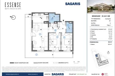 Rzut - Mieszkanie na sprzedaż 3 pokoje o powierzchni 84,8 m² - numer B1.A.01.14M w ESSENSE Baltic Resort&SPA 2