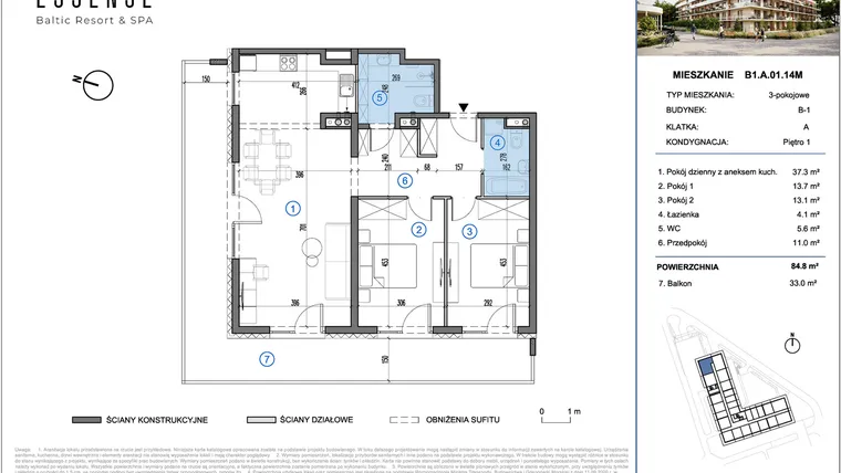 Rzut - Mieszkanie na sprzedaż 3 pokoje o powierzchni 84,8 m² - numer B1.A.01.14M w ESSENSE Baltic Resort&SPA 2