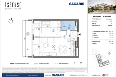 Rzut - Mieszkanie na sprzedaż 2 pokoje o powierzchni 41,9 m² - numer B1.A.01.24M w ESSENSE Baltic Resort&SPA 2