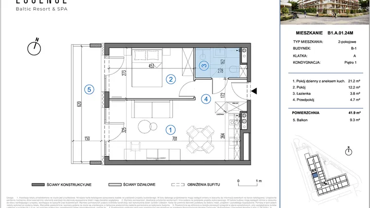 Rzut - Mieszkanie na sprzedaż 2 pokoje o powierzchni 41,9 m² - numer B1.A.01.24M w ESSENSE Baltic Resort&SPA 2