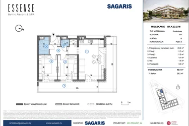 Rzut - Mieszkanie na sprzedaż 3 pokoje o powierzchni 62,9 m² - numer B1.A.02.27M w ESSENSE Baltic Resort&SPA 2