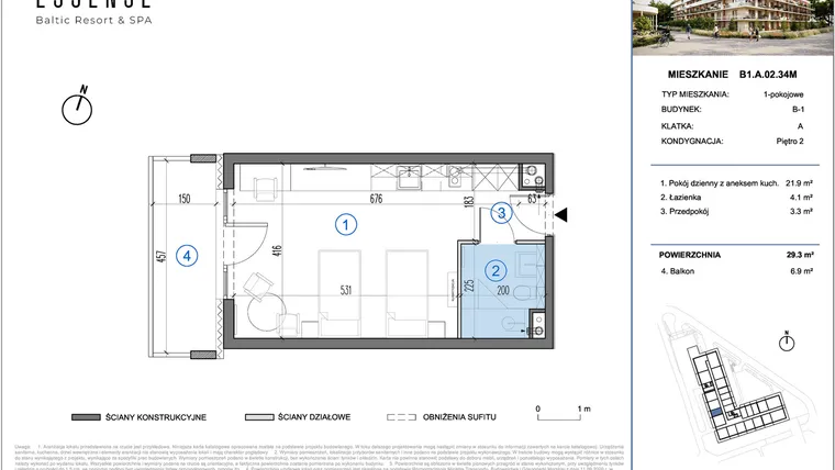 Rzut - Mieszkanie na sprzedaż 1 pokój o powierzchni 29,3 m² - numer B1.A.02.34M w ESSENSE Baltic Resort&SPA 2