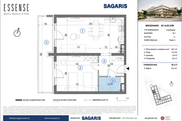 Rzut - Mieszkanie na sprzedaż 2 pokoje o powierzchni 56,5 m² - numer B1.A.03.37M w ESSENSE Baltic Resort&SPA 2