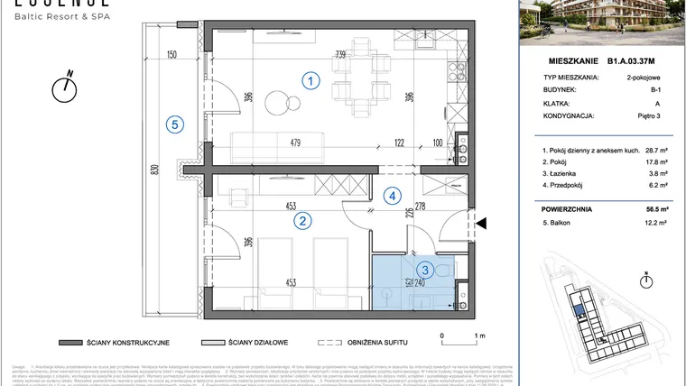 Rzut - Mieszkanie na sprzedaż 2 pokoje o powierzchni 56,5 m² - numer B1.A.03.37M w ESSENSE Baltic Resort&SPA 2