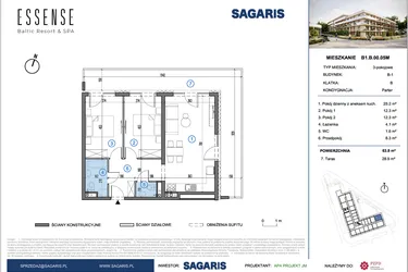 Rzut - Mieszkanie na sprzedaż 3 pokoje o powierzchni 63,8 m² - numer B1.B.00.05M w ESSENSE Baltic Resort&SPA 2