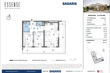 Rzut - Mieszkanie na sprzedaż 3 pokoje o powierzchni 57,9 m² - numer B1.B.00.06M w ESSENSE Baltic Resort&SPA 2