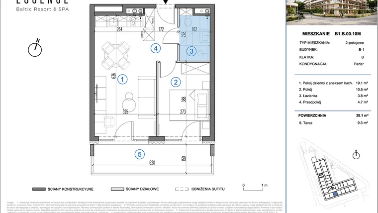 Rzut - Mieszkanie na sprzedaż 2 pokoje o powierzchni 38,1 m² - numer B1.B.00.10M w ESSENSE Baltic Resort&SPA 2