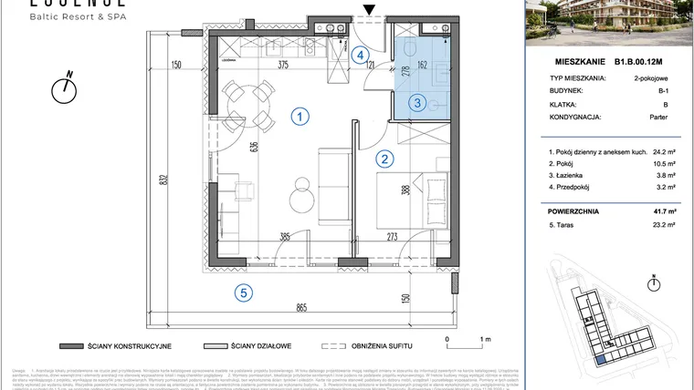 Rzut - Mieszkanie na sprzedaż 2 pokoje o powierzchni 41,7 m² - numer B1.B.00.12M w ESSENSE Baltic Resort&SPA 2