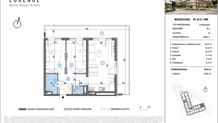 Rzut - Mieszkanie na sprzedaż 3 pokoje o powierzchni 63,8 m² - numer B1.B.01.18M w ESSENSE Baltic Resort&SPA 2