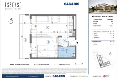 Rzut - Mieszkanie na sprzedaż 2 pokoje o powierzchni 49,2 m² - numer B1.B.00.13M(NP) w ESSENSE Baltic Resort&SPA 2