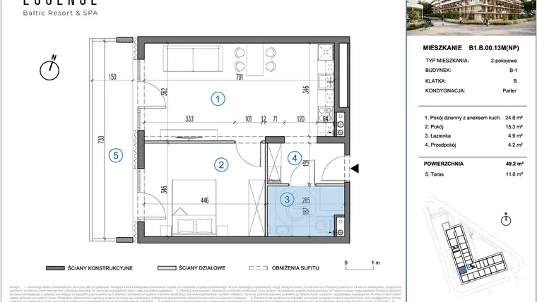 Rzut - Mieszkanie na sprzedaż 2 pokoje o powierzchni 49,2 m² - numer B1.B.00.13M(NP) w ESSENSE Baltic Resort&SPA 2