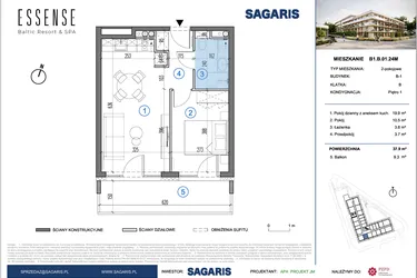 Rzut - Mieszkanie na sprzedaż 2 pokoje o powierzchni 37,9 m² - numer B1.B.01.24M w ESSENSE Baltic Resort&SPA 2