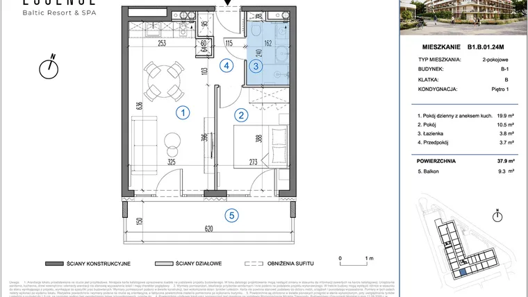 Rzut - Mieszkanie na sprzedaż 2 pokoje o powierzchni 37,9 m² - numer B1.B.01.24M w ESSENSE Baltic Resort&SPA 2