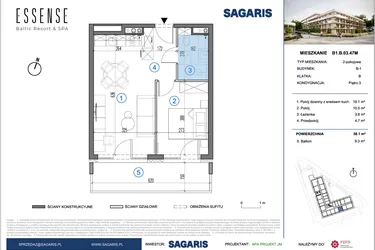 Rzut - Mieszkanie na sprzedaż 2 pokoje o powierzchni 38,1 m² - numer B1.B.03.47M w ESSENSE Baltic Resort&SPA 2
