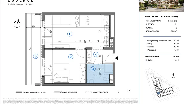 Rzut - Mieszkanie na sprzedaż 2 pokoje o powierzchni 50,6 m² - numer B1.B.03.52M(NP) w ESSENSE Baltic Resort&SPA 2