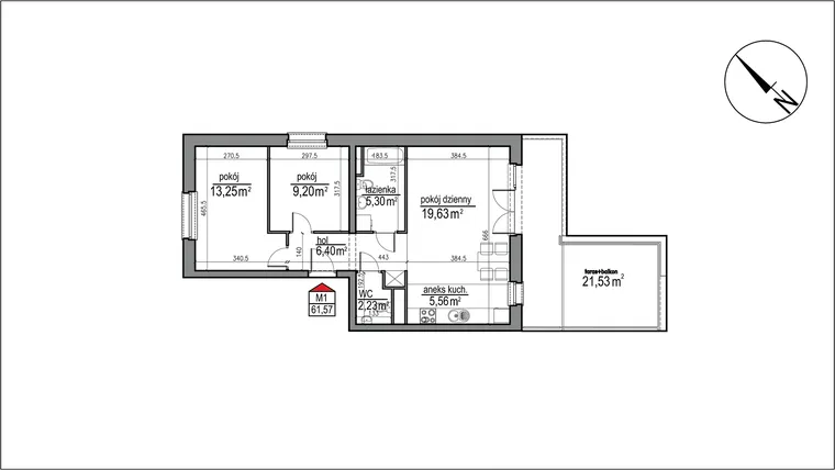 Rzut - Mieszkanie na sprzedaż 3 pokoje o powierzchni 61,57 m² - numer 4 m. 1 w Osiedle Rytm etap 3
