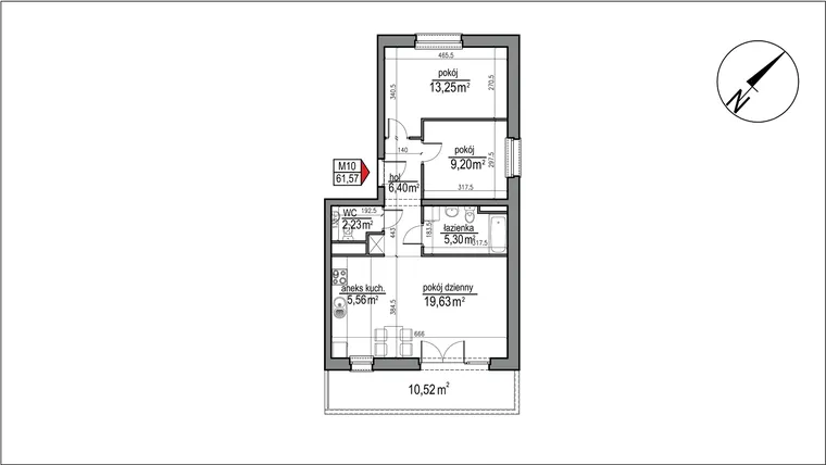 Rzut - Mieszkanie na sprzedaż 3 pokoje o powierzchni 61,57 m² - numer 4 m. 10 w Osiedle Rytm etap 3