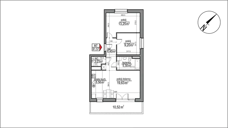 Rzut - Mieszkanie na sprzedaż 3 pokoje o powierzchni 61,57 m² - numer 4 m. 7 w Osiedle Rytm etap 3