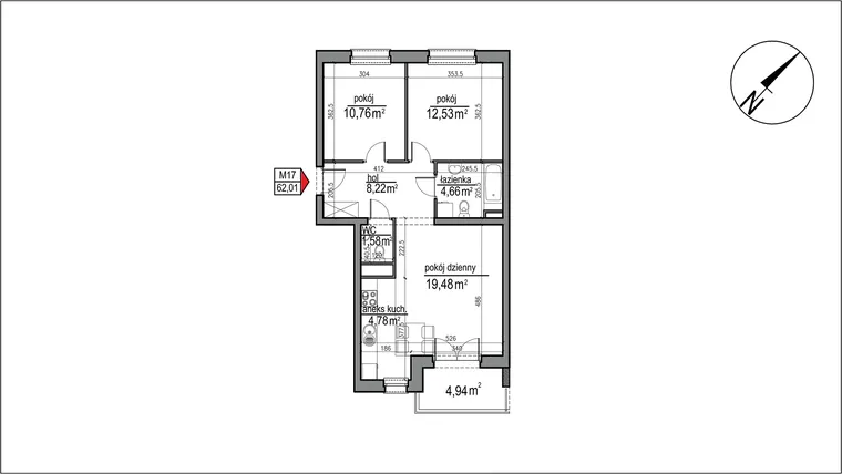 Rzut - Mieszkanie na sprzedaż 3 pokoje o powierzchni 62,01 m² - numer 4 m. 17 w Osiedle Rytm etap 3