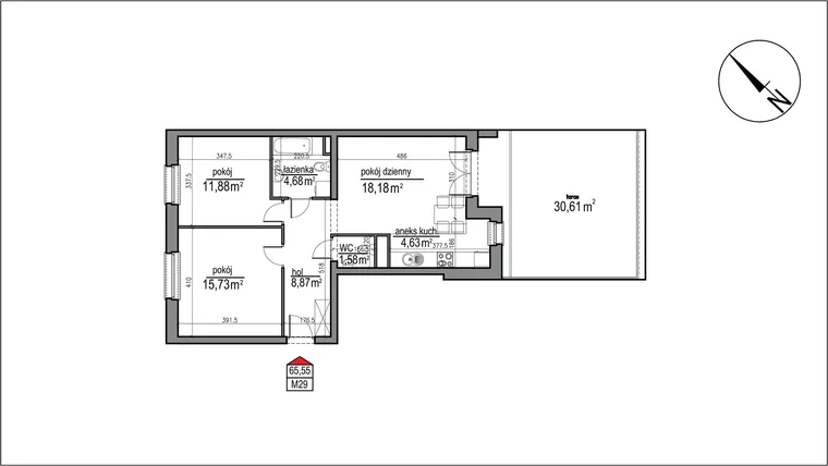 Rzut - Mieszkanie na sprzedaż 3 pokoje o powierzchni 65,55 m² - numer 4 m. 29 w Osiedle Rytm etap 3