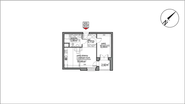 Rzut - Mieszkanie na sprzedaż 2 pokoje o powierzchni 38,87 m² - numer 4 m. 30 w Osiedle Rytm etap 3