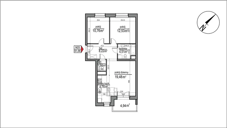 Rzut - Mieszkanie na sprzedaż 3 pokoje o powierzchni 61,86 m² - numer 4 m. 25 w Osiedle Rytm etap 3