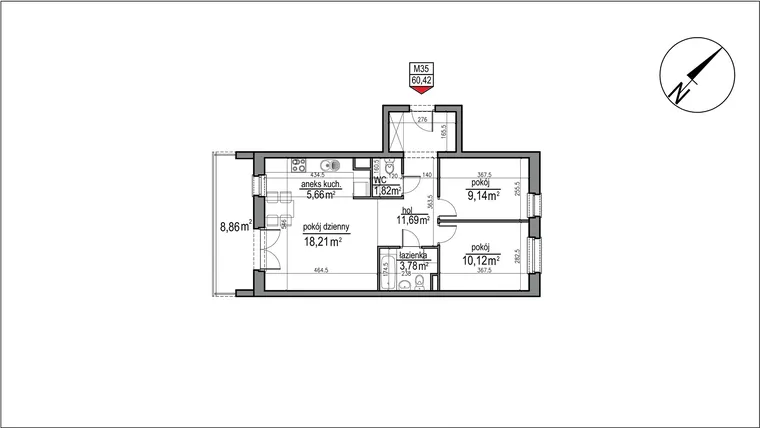 Rzut - Mieszkanie na sprzedaż 3 pokoje o powierzchni 60,42 m² - numer 4 m. 35 w Osiedle Rytm etap 3