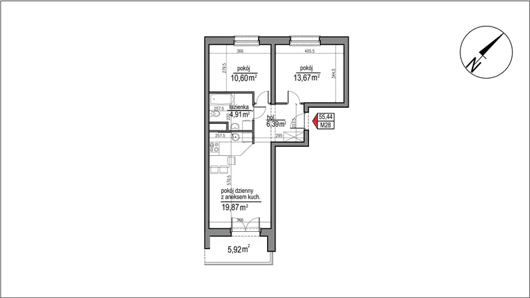 Rzut - Mieszkanie na sprzedaż 3 pokoje o powierzchni 55,44 m² - numer 4 m. 28 w Osiedle Rytm etap 3
